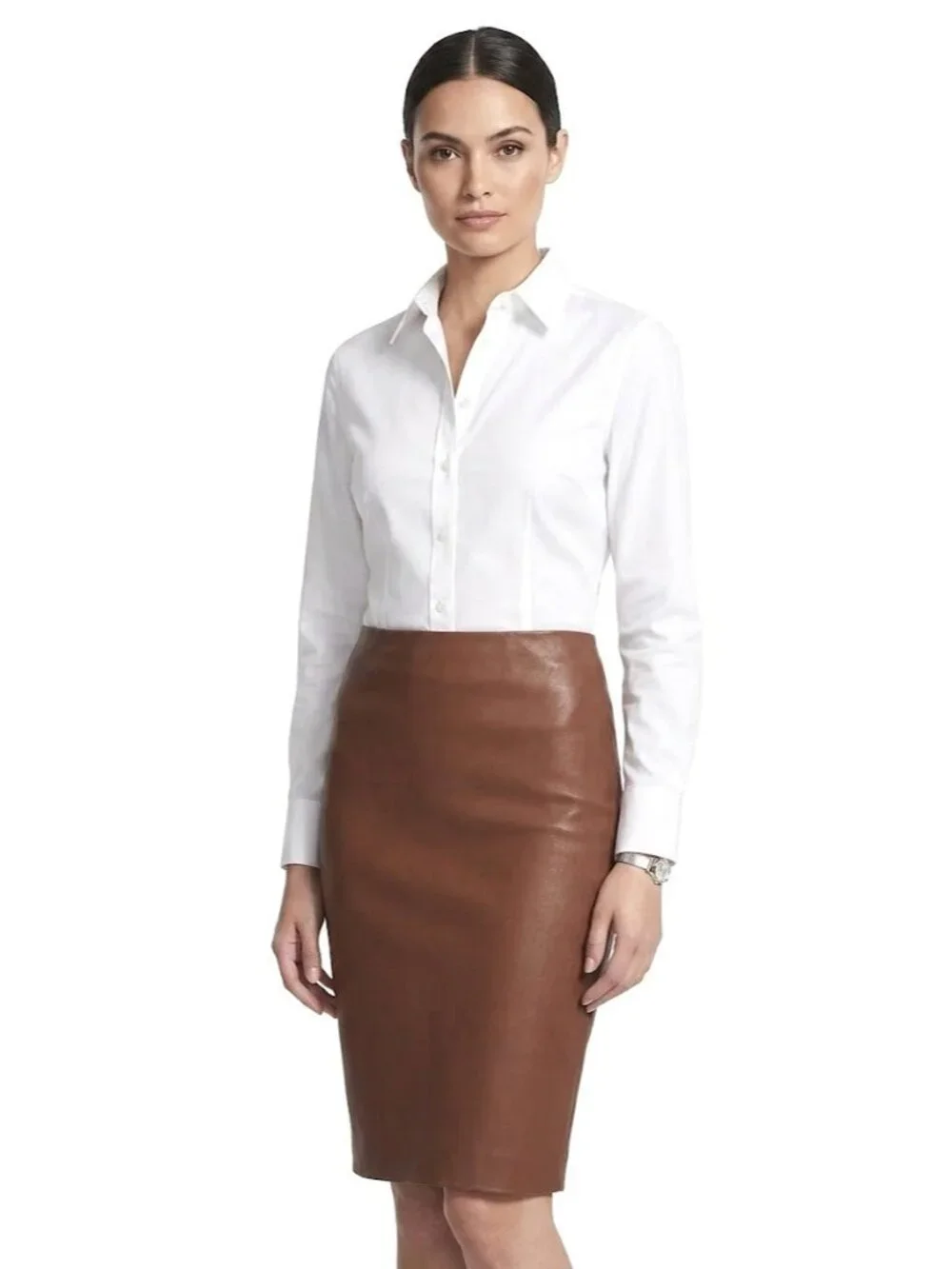 NWT Theory Skinny Pencil in Dark Cognac Bristol Stretch Leather Skirt 6 $695 - Picture 1 of 6